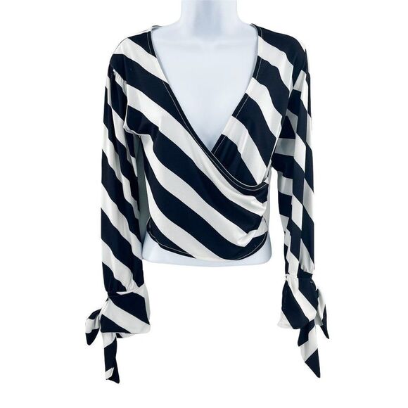 2/$30 TOPSHOP Striped Tie Sleeve V-Neck Wrap Blouse Top Shirt Bell Sleeve Black - Picture 3 of 9